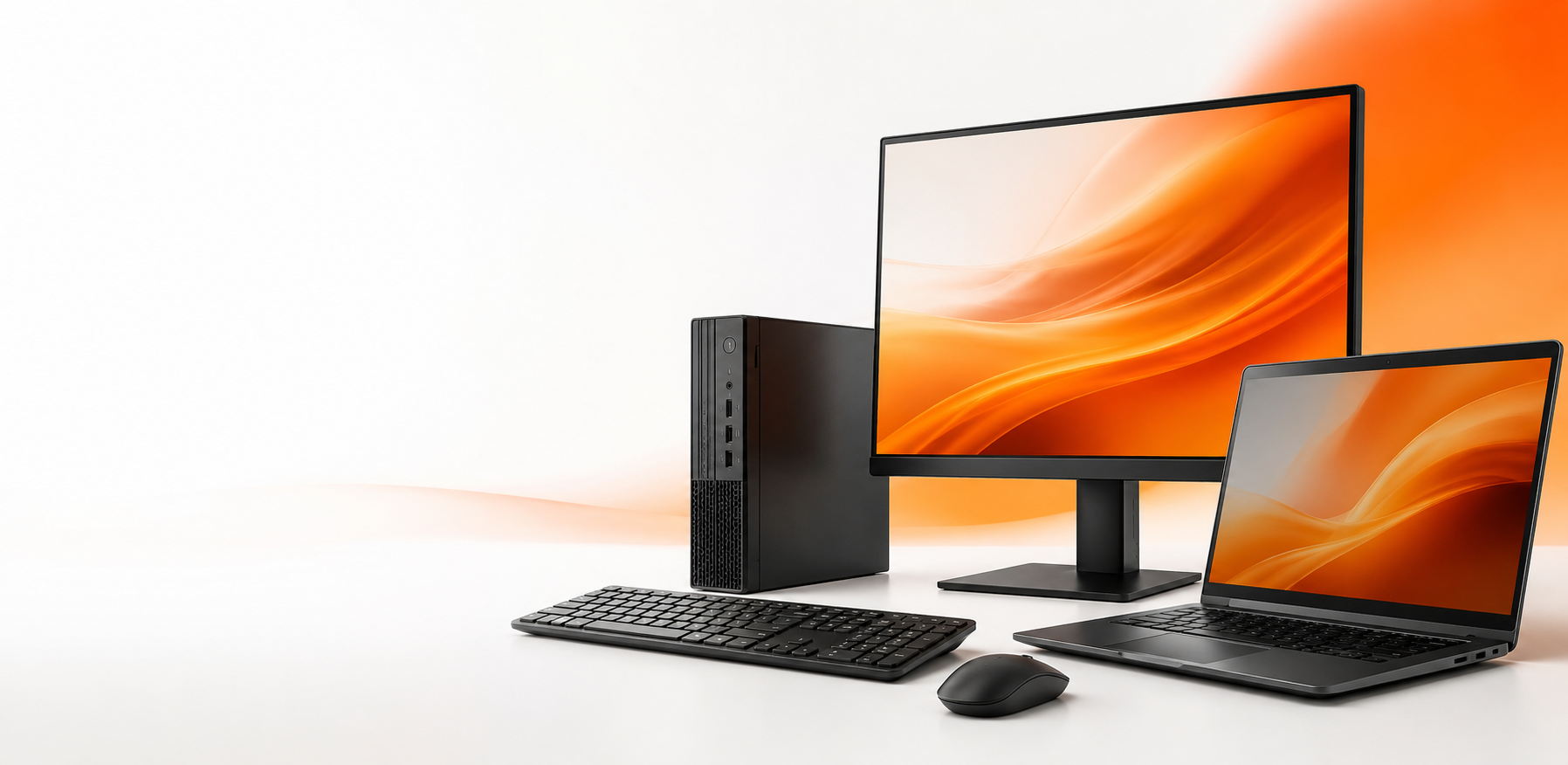 Computadora de escritorio, monitor y laptop en un estudio blanco y naranja